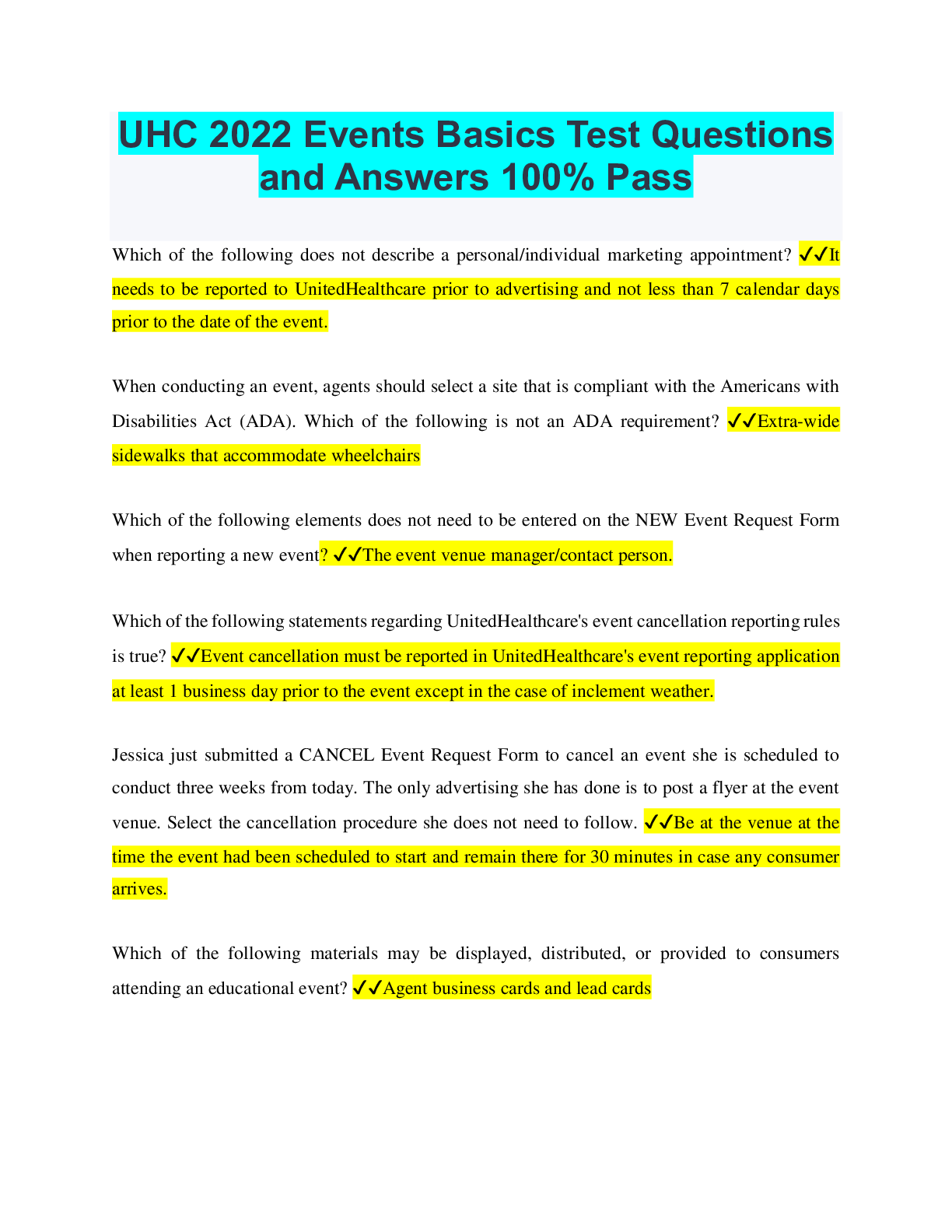 Preview image for UHC 2022 Events Basics Test Questions and Answers 100% Pass